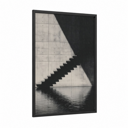 Minimalist Staircase framed art print — black wood frame — black and white and gray palette