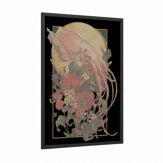 Floral Squid framed art print — black wood frame — rose gold and sage green palette