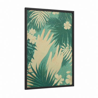 Tropical Hula Hands framed art print — black wood frame — sage green and cream palette