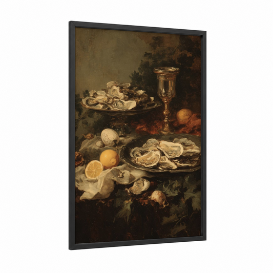 Oyster Still Life framed seafood print — black wood frame — gold and brown palette