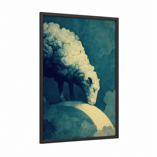 Cloud Sheep framed art print — black wood frame — teal and cream palette