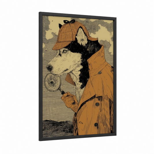 Detective Husky framed art print — black wood frame — cream and russet palette