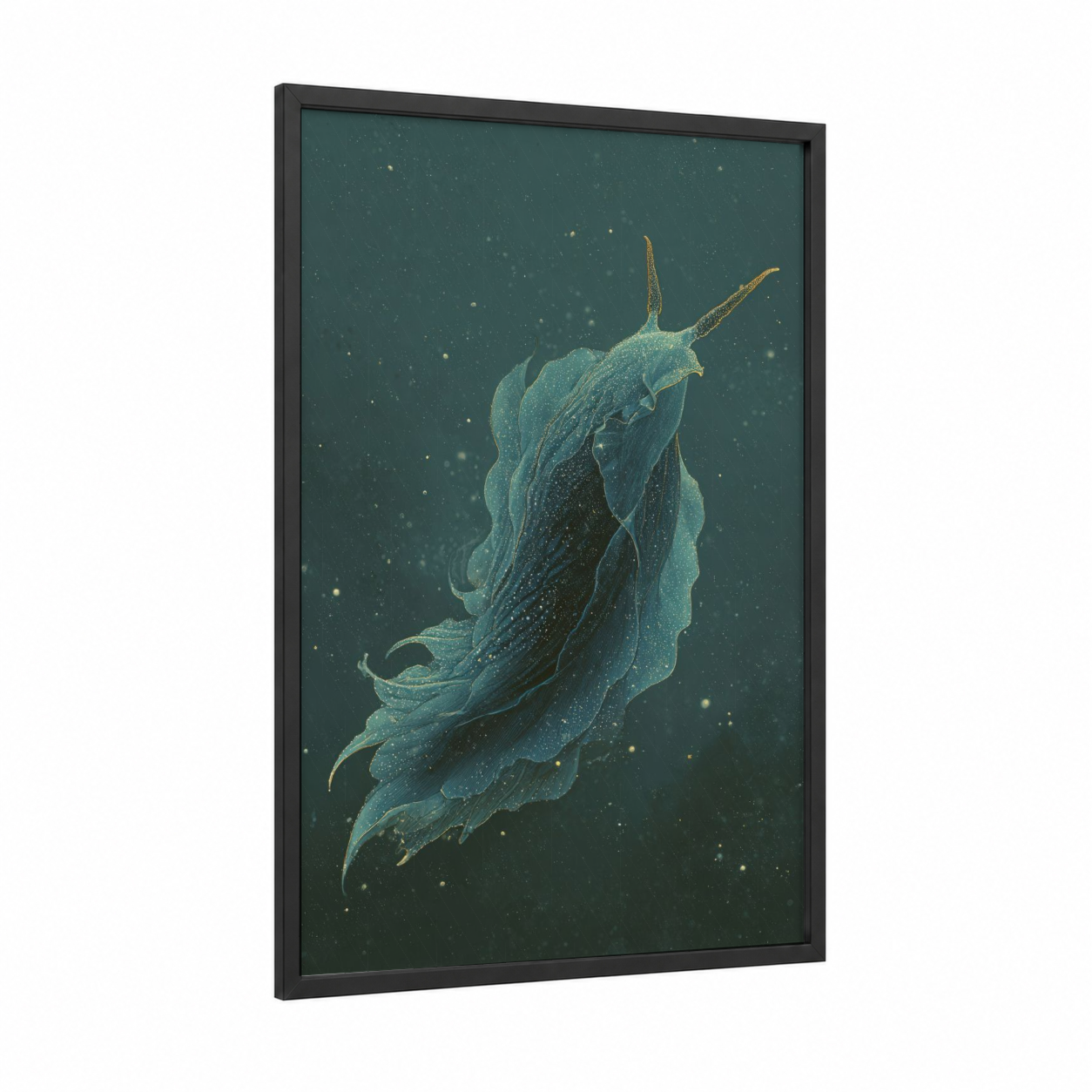 Celestial Nudibranch framed art print — black wood frame — teal and gold palette