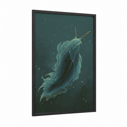 Celestial Nudibranch framed art print — black wood frame — teal and gold palette