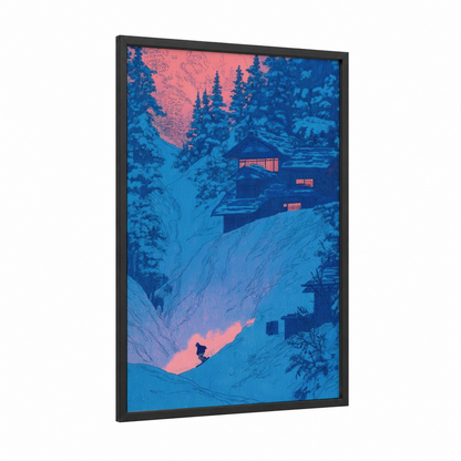 Alpine Sunset Shredder framed snowboarding print — black wood frame — blue and salmon pink palette