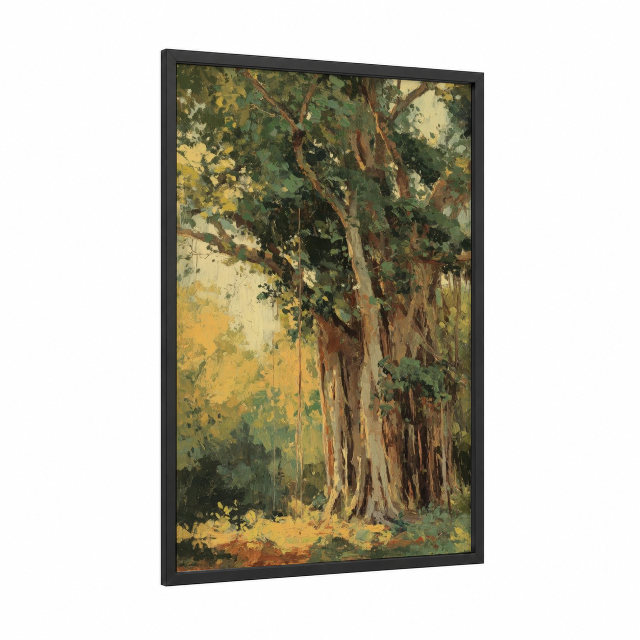 Sunlit Banyan Tree framed art print — black wood frame — gold and green palette