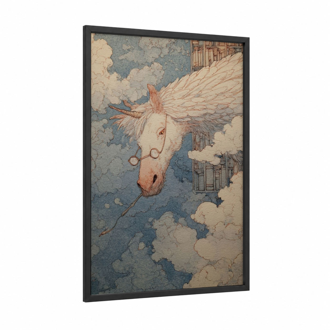 Winged Pegasus framed art print — black wood frame — cream and dove gray palette