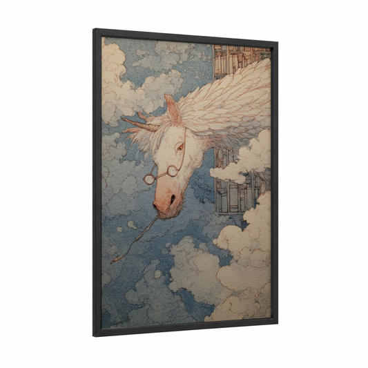 Winged Pegasus framed art print — black wood frame — cream and dove gray palette