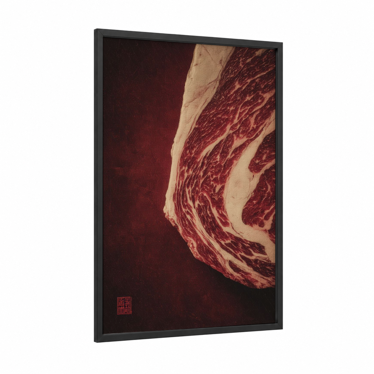 Marbled Beef Cut framed meat print — black wood frame — maroon and cream palette