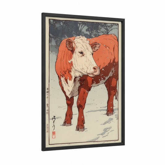 Snowy Hereford framed angus cow print — black wood frame — russet and cream palette