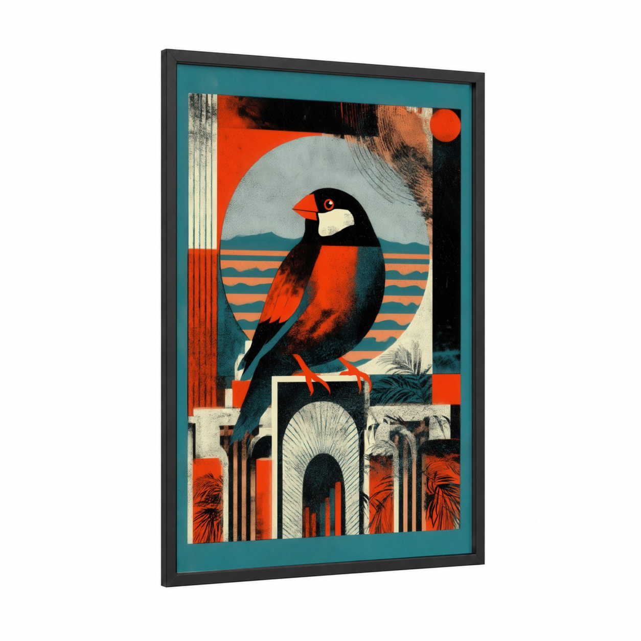 Crimson Finch framed art print — black wood frame — red and black palette