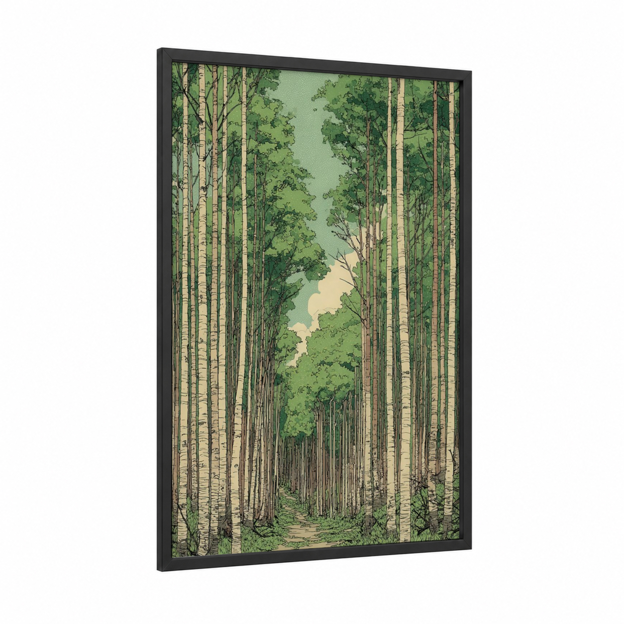 Aspen Forest Path framed art print — black wood frame — light green and cream palette