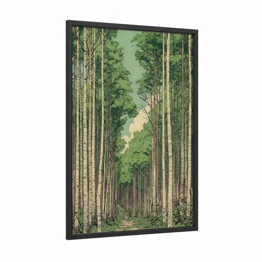 Aspen Forest Path framed art print — black wood frame — light green and cream palette