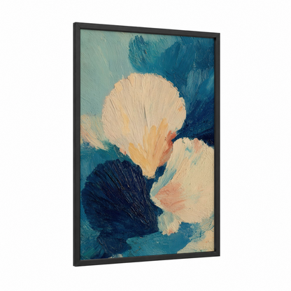 Coastal Shells framed seashell print — black wood frame — blue and white and teal palette