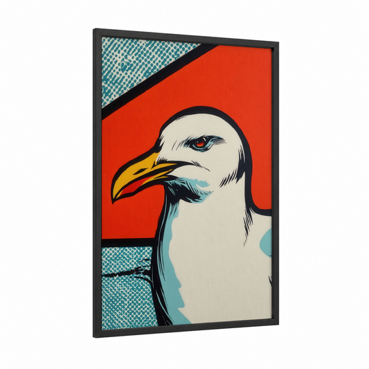 Coastal Seagull framed art print — black wood frame — red and teal palette