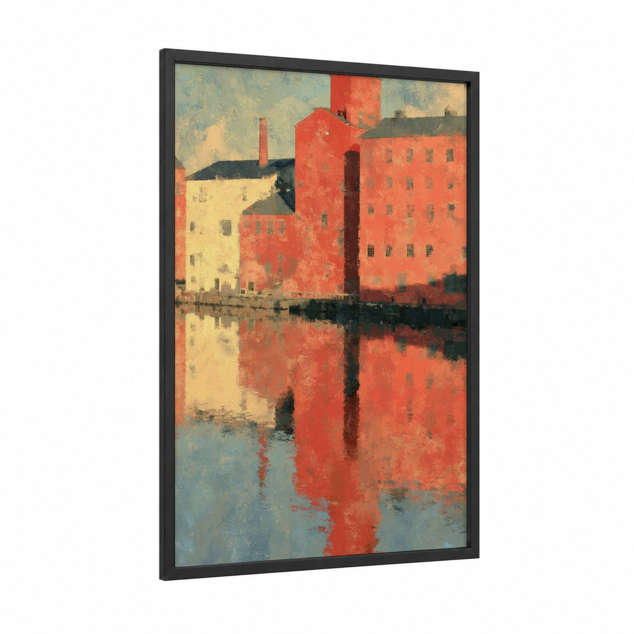 Red Factory Reflection framed art print — black wood frame — red and blue and white palette