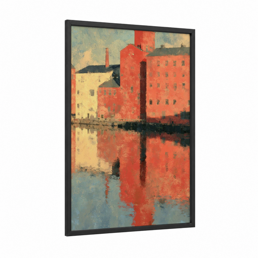 Red Factory Reflection framed art print — black wood frame — red and blue and white palette