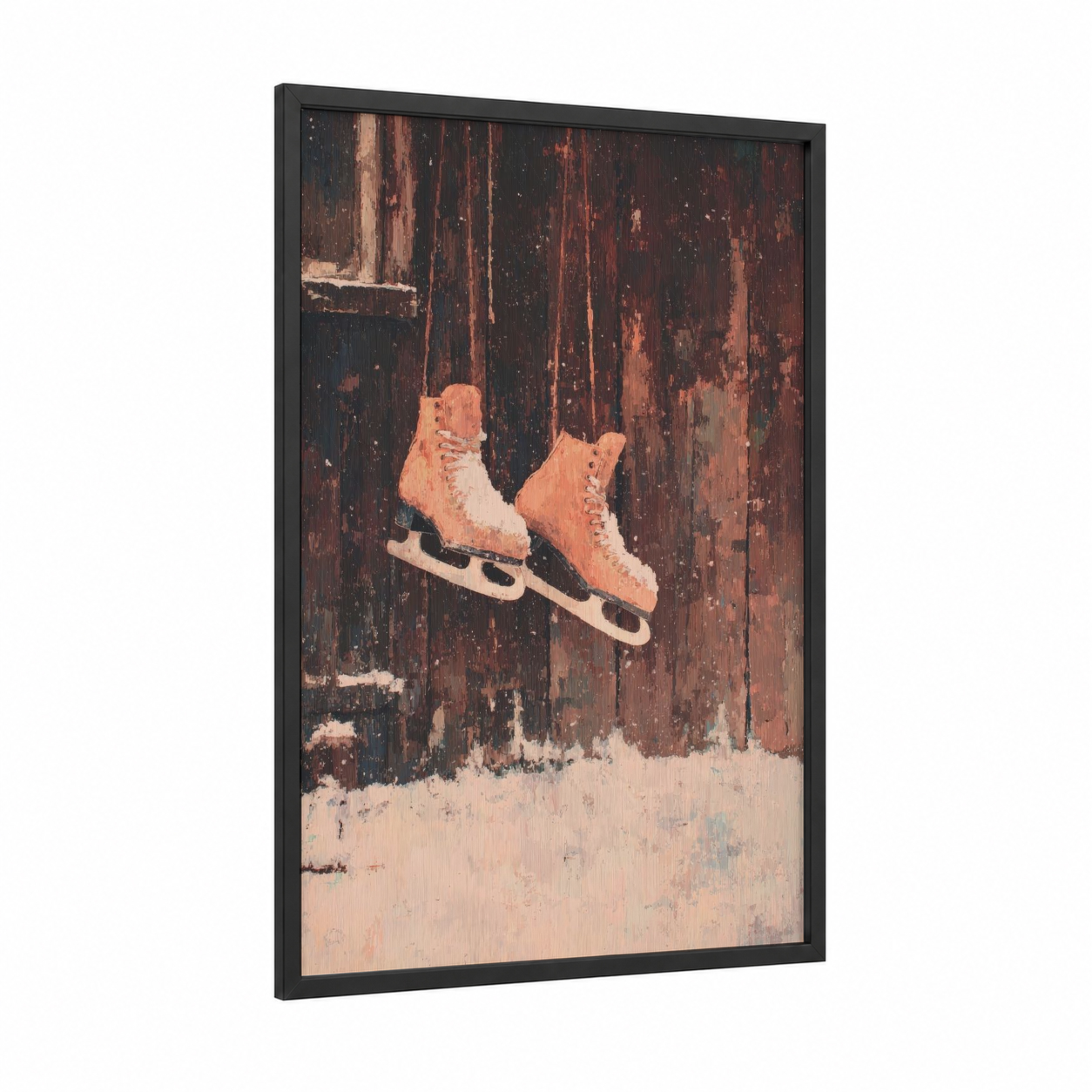 Vintage Ice Skates framed ice skating print — black wood frame — russet and cream palette