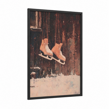 Vintage Ice Skates framed ice skating print — black wood frame — russet and cream palette