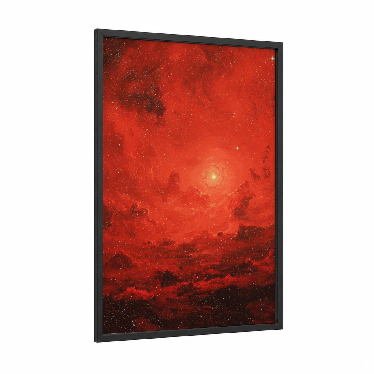 Crimson Star Nebula framed art print — black wood frame — red and black palette