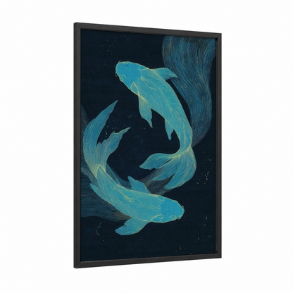 Celestial Pisces framed art print — black wood frame — dark blue and turquoise palette