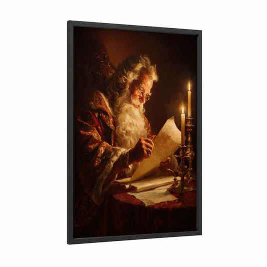 Candlelit Saint Nick framed christmas print — black wood frame — gold and maroon palette
