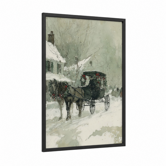 Snowy Holiday Wagon framed art print — black wood frame — cream and sage green palette