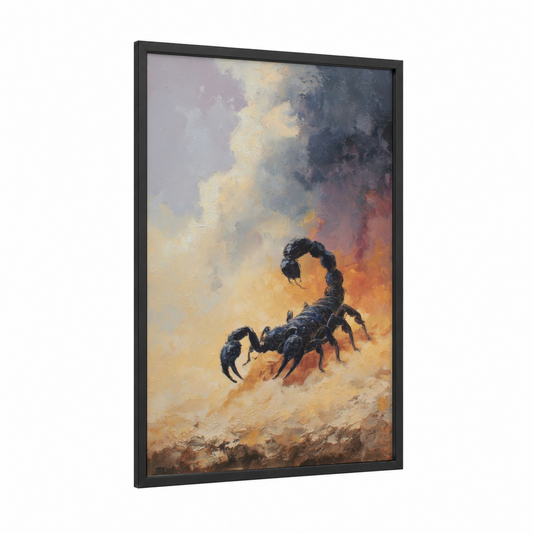 Desert Scorpion framed scorpions print — black wood frame — gold and orange palette