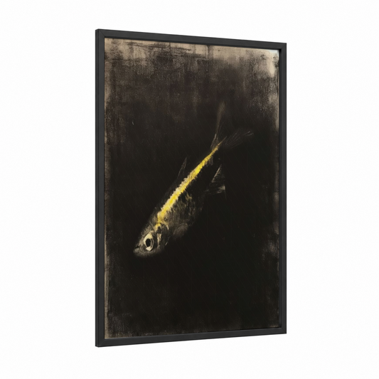 Golden Zebrafish framed art print — black wood frame — black and gold palette