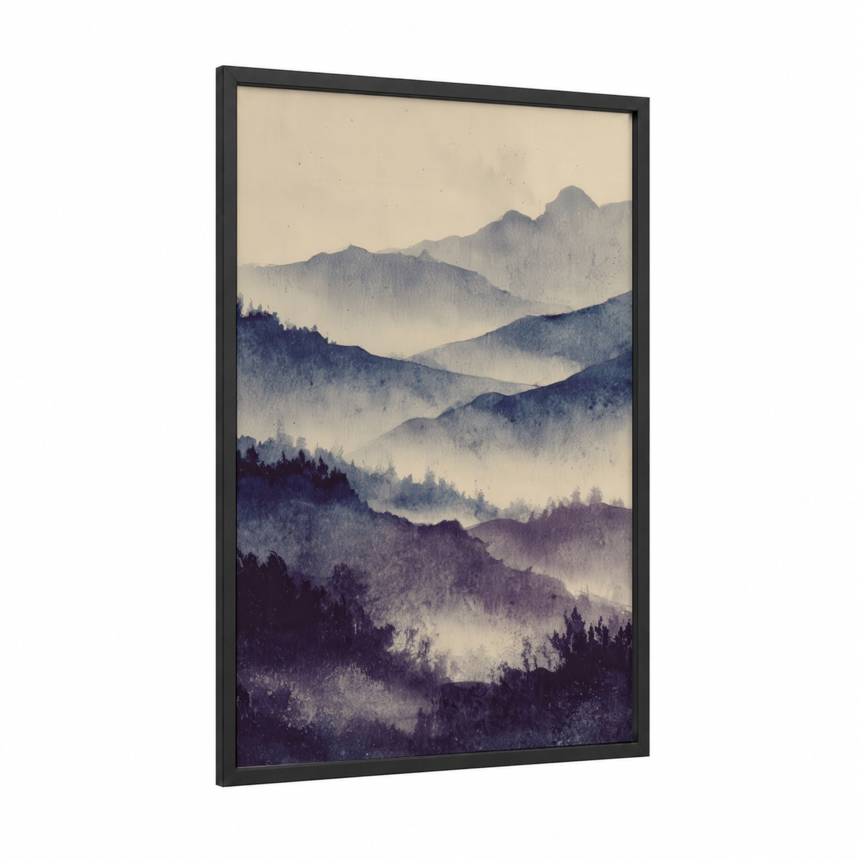 Misty Mountain Peaks framed snowy mountains print — black wood frame — blue and gray and gray and white palette