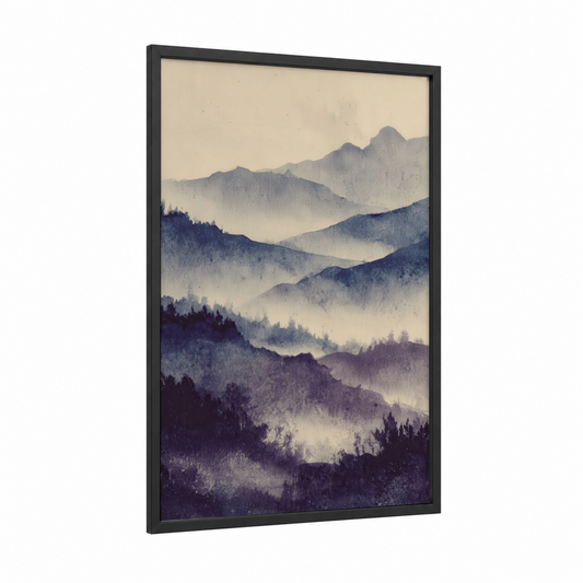 Misty Mountain Peaks framed snowy mountains print — black wood frame — blue and gray and gray and white palette