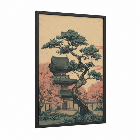 Zen Bonsai Temple framed bonsai tree print — black wood frame — cream and dark green palette