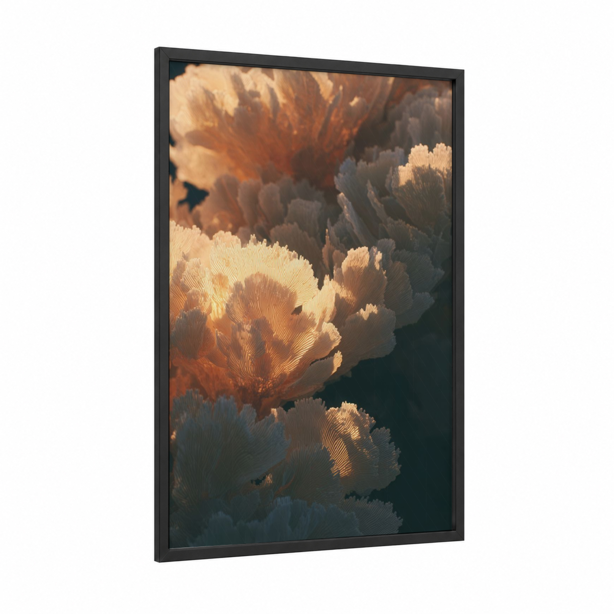 Golden Coral Sunset framed art print — black wood frame — gold and beige palette