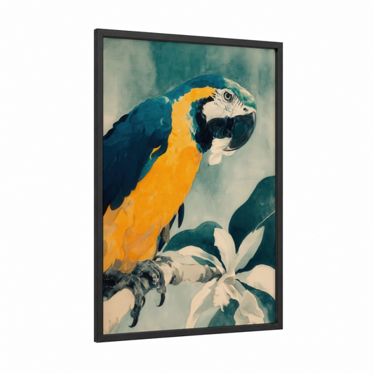 Blue and Gold Macaw framed art print — black wood frame — blue and yellow gold palette