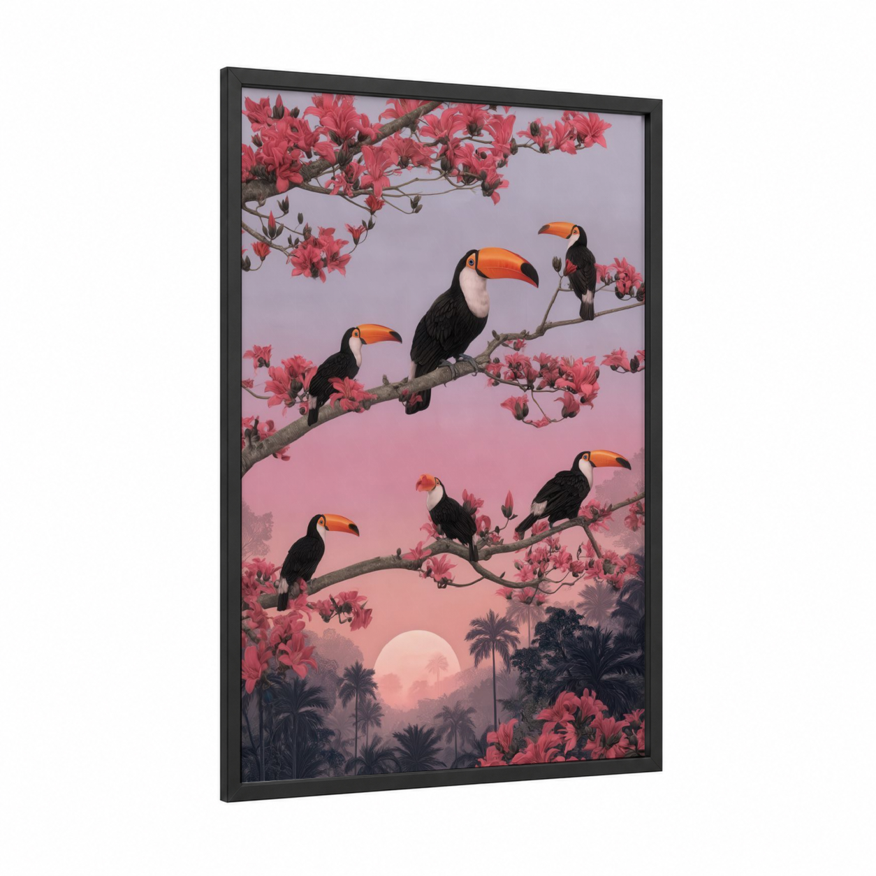 Tropical Toucan Sunset framed art print — black wood frame — pink and orange palette
