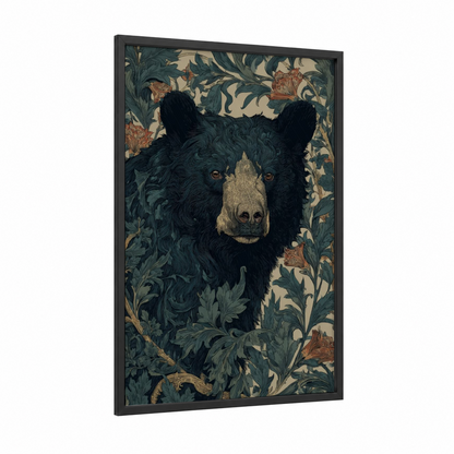 Ornate Sloth Bear framed art print — black wood frame — dark green and gold palette