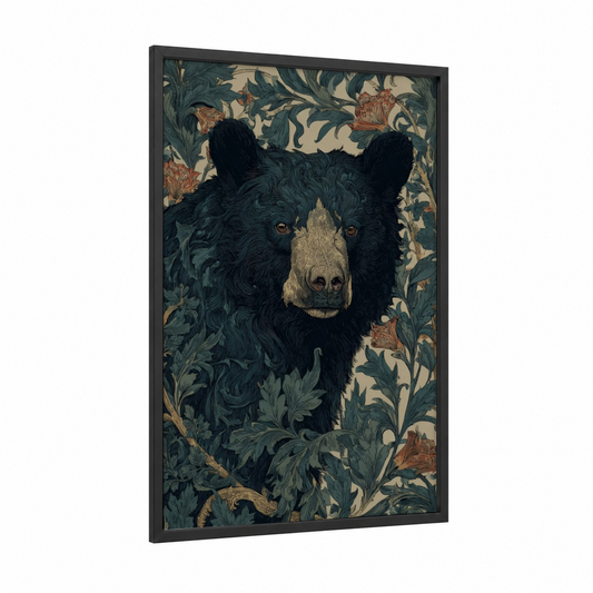 Ornate Sloth Bear framed art print — black wood frame — dark green and gold palette