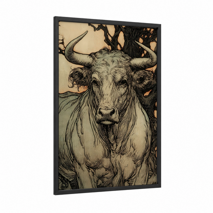 Majestic Bull Portrait framed art print — black wood frame — black and white and cream palette