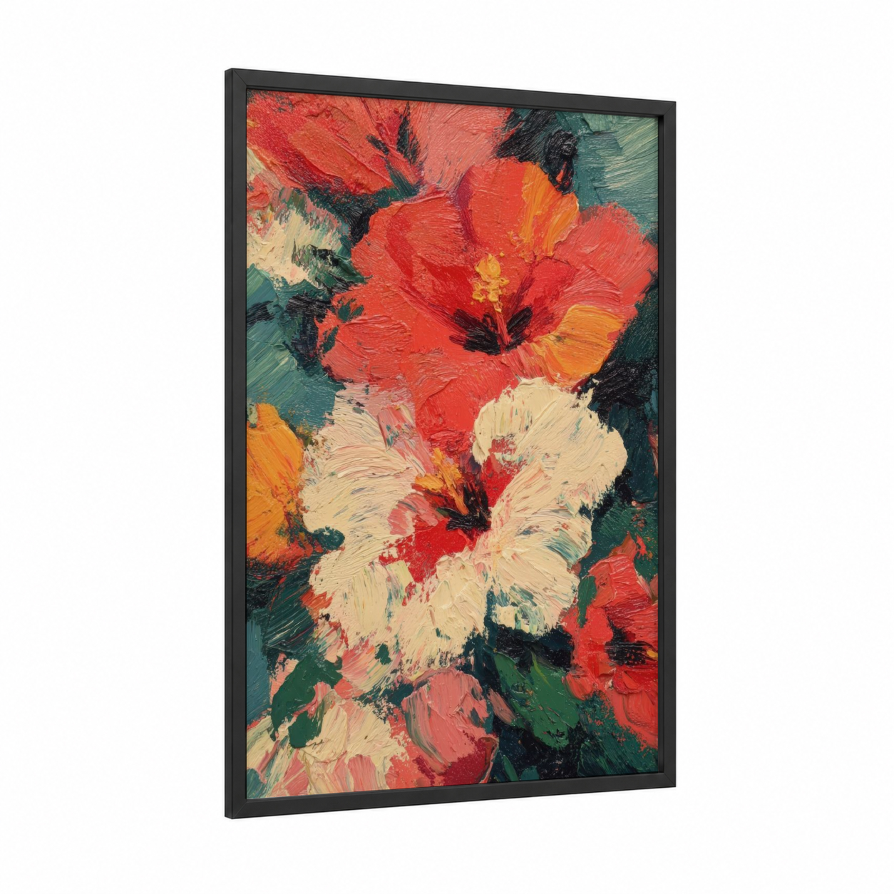 Crimson Hibiscus Blooms framed art print — black wood frame — red and teal palette