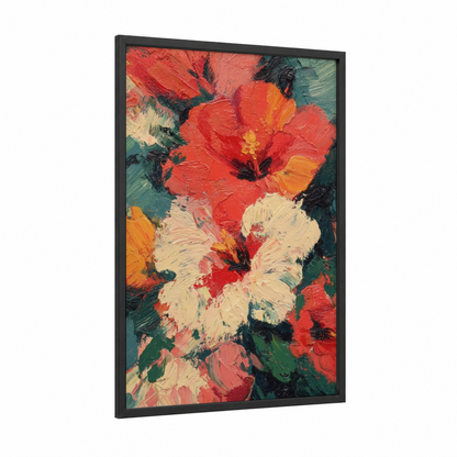 Crimson Hibiscus Blooms framed art print — black wood frame — red and teal palette