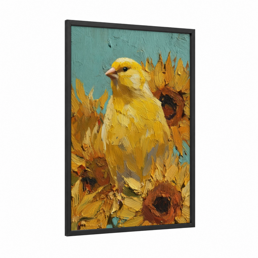 Golden Canary Sunflowers framed canaries print — black wood frame — yellow gold and turquoise palette