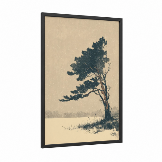 Snowy Pine Solitude framed winter print — black wood frame — cream and dark green palette