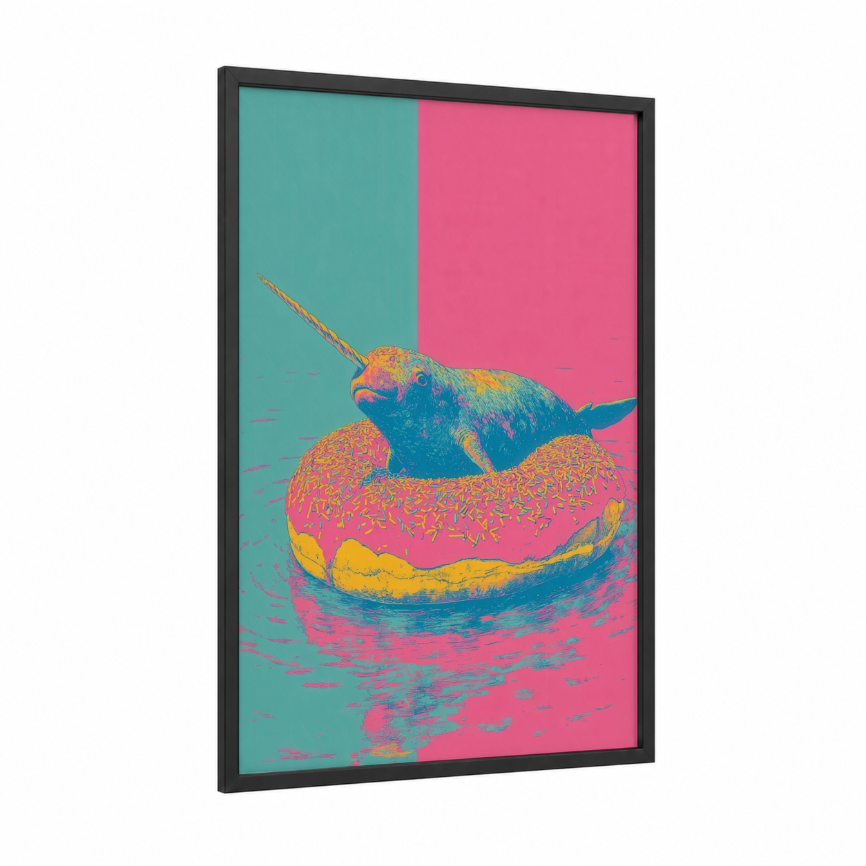 Colorful Narwhal framed art print — black wood frame — turquoise and magenta palette