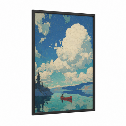 Alpine Lake Canoe framed canoeing and kayaking print — black wood frame — blue and cream palette
