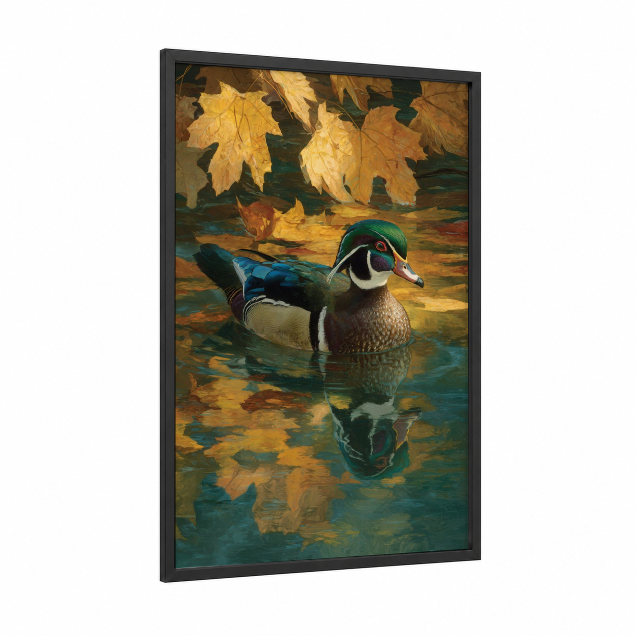Autumn Wood Duck framed ducks print — black wood frame — gold and teal palette