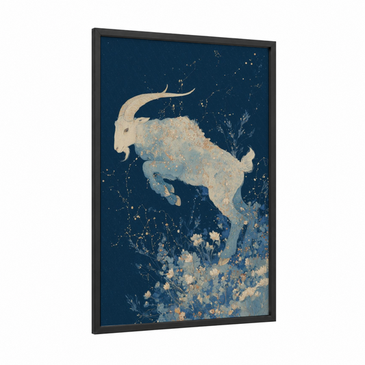 Celestial Capricorn framed art print — black wood frame — dark blue and gold palette