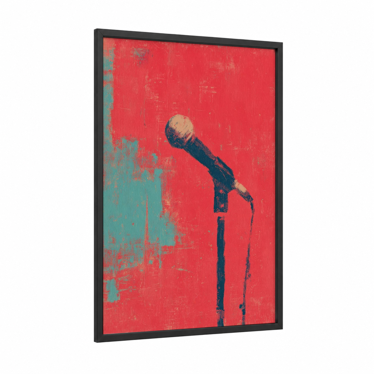 Vintage Microphone framed art print — black wood frame — red and teal palette