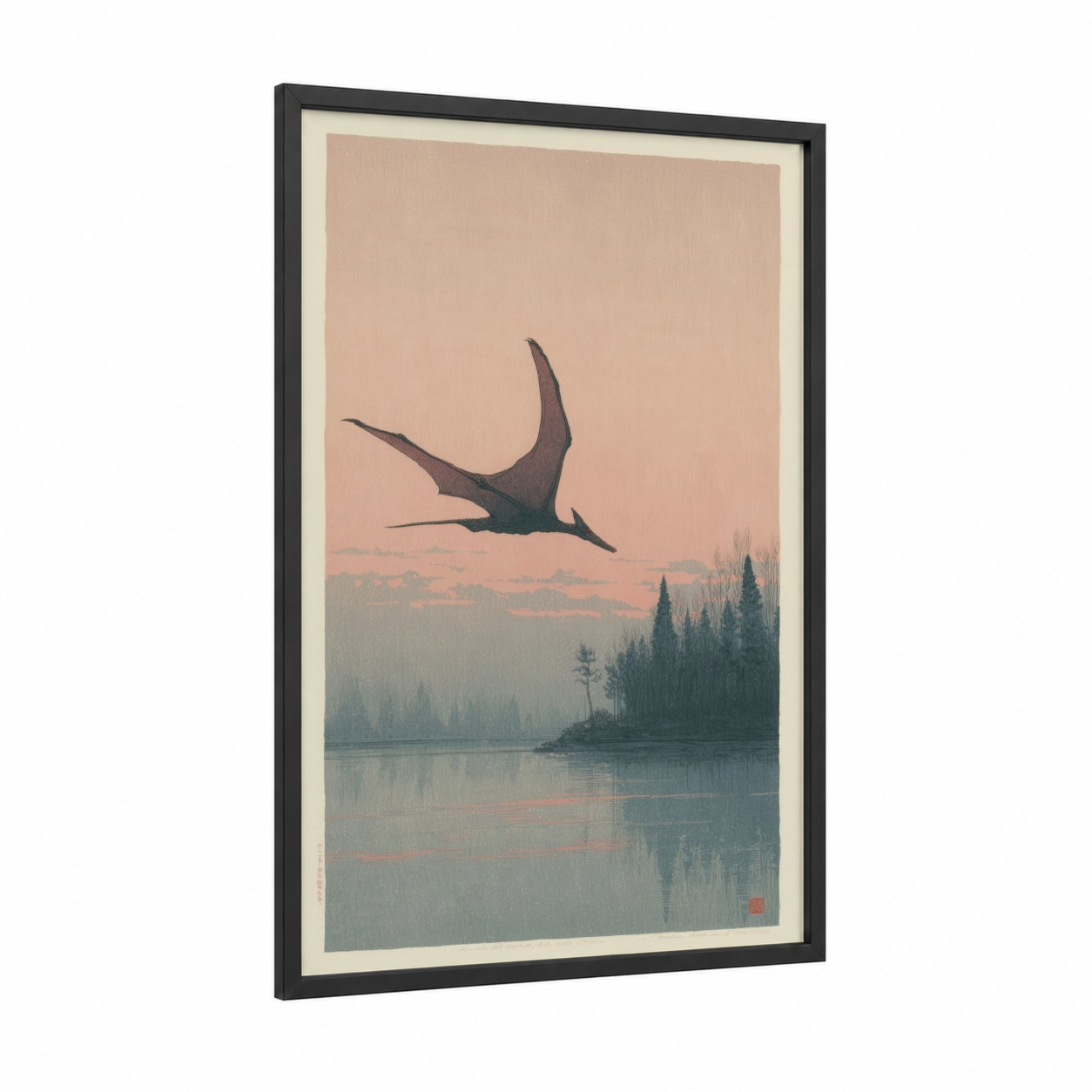 Pterosaur Dawn framed dinosaur print — black wood frame — peach and sage green palette