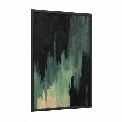 Twilight Emergence framed abstract expressionism print — black wood frame — dark blue and light green palette