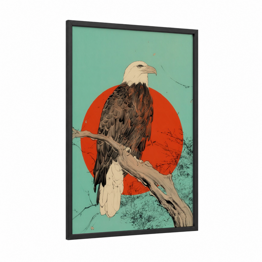 Crimson Sentinel Eagle framed art print — black wood frame — red and light green palette